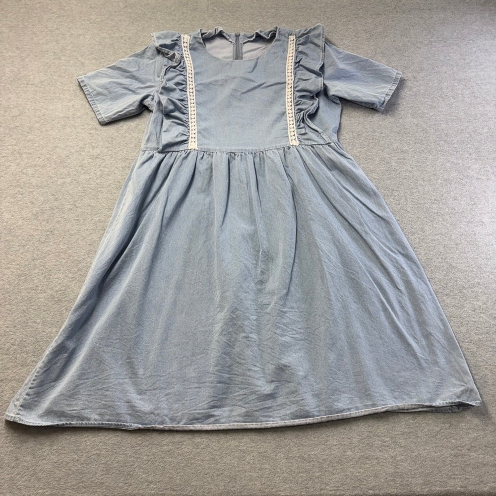 Cottagecore Ruffle Babydoll Dress Womens Small Blue Short Sleeve Light Chambray